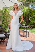 Ivory Satin Mermaid Floor-Length Dress with Ruffled Cap Sleeves