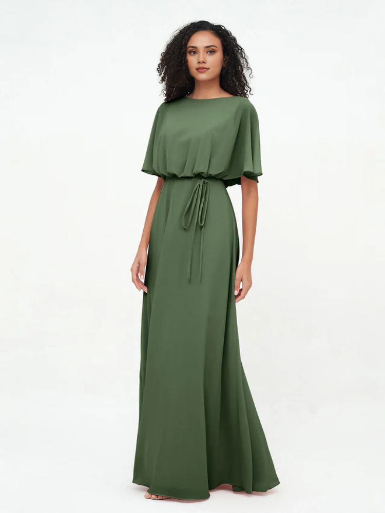 Olive Green Chiffon A-Line Floor-Length Bridesmaid Dress with Draped Bodice & Drawstring Waist