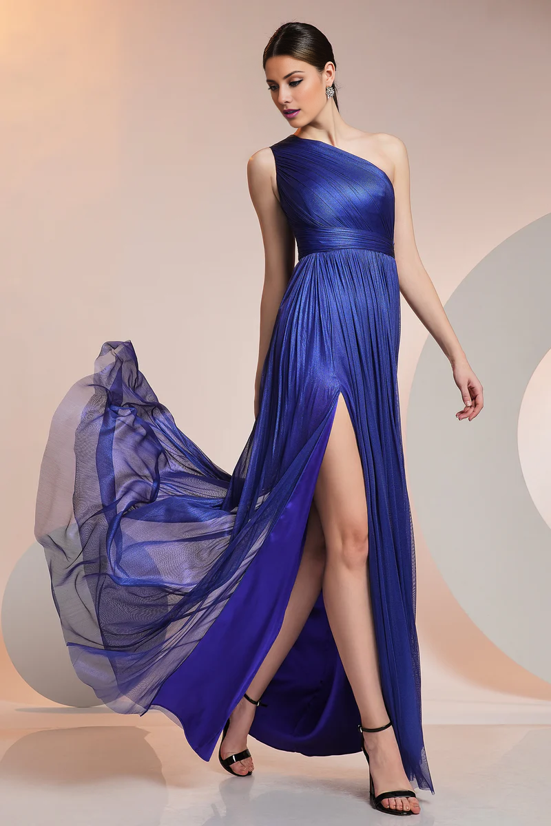 One shoulder chiffon slit and floor length evening gown