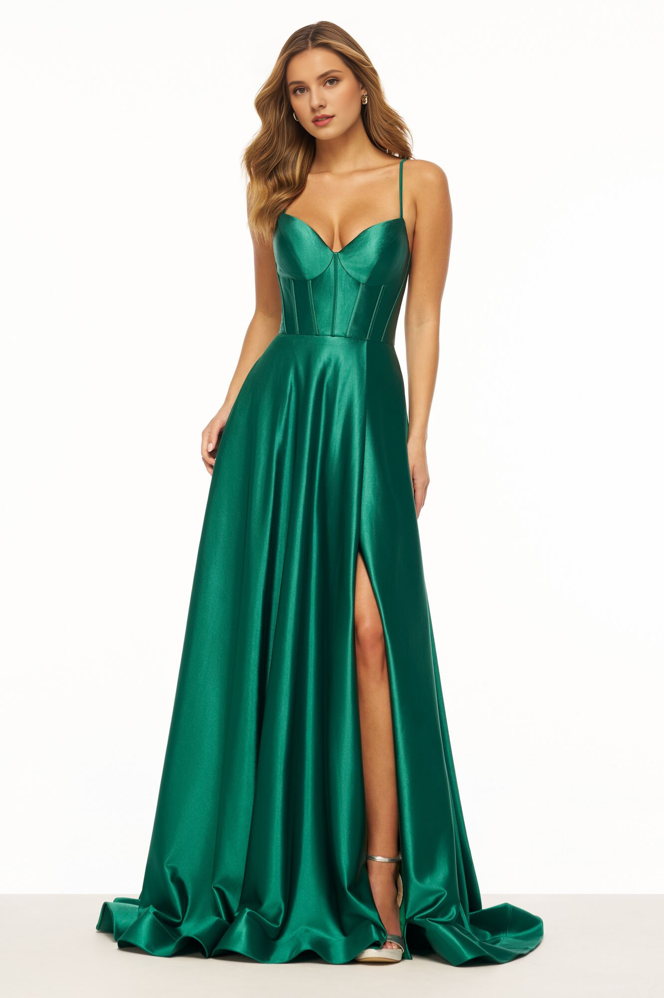 Vestido de fiesta con corsé ajustado en forma de A, abertura frontal, tirante en la espalda y largo hasta el suelo 