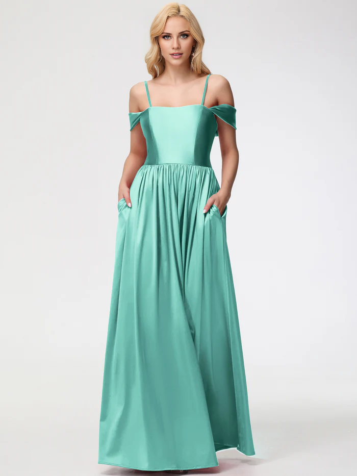 Vestido de fiesta Jimiss de satén con hombros descubiertos y largo hasta el suelo