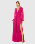 Abito da sera lungo fino al pavimento in chiffon con scollo a V e maniche lunghe effetto fantasma e spacco laterale