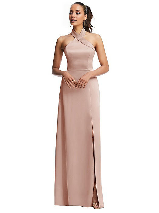 Vestido de fiesta Jimiss con cuello halter, hombros descubiertos, sin mangas, espalda descubierta, abertura lateral y largo hasta el suelo