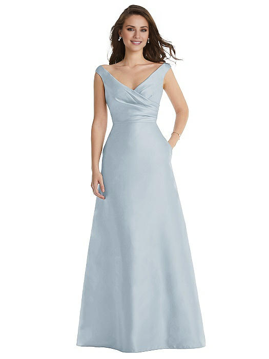 Vestido de fiesta Jimiss de satén, sin mangas, con escote en V y hombros descubiertos y largo hasta el suelo