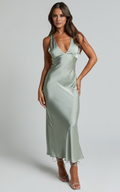 Sage Green Satin V-Neck Midi Bridesmaid Dress