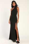 Black Crepe One Shoulder Floor-Length Gown with Choker Neckline & High Slit