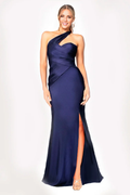Dark Navy Satin One Shoulder Sheath Floor-Length Gown with High Slit