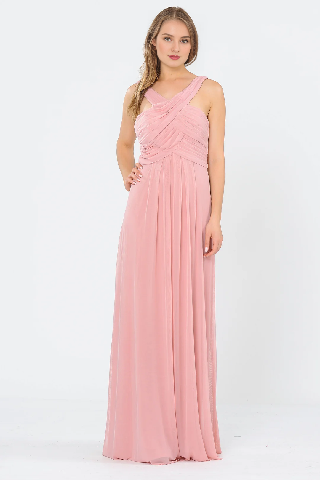 Yellow Chiffon A-Line Floor-Length Bridesmaid Dress with Halter neckline & Criss-Cross Straps