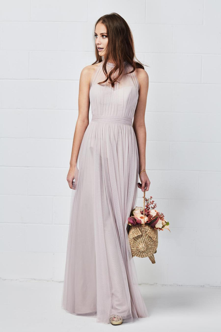 Lilac Tulle A-Line Halter Floor-Length Bridesmaid Dress