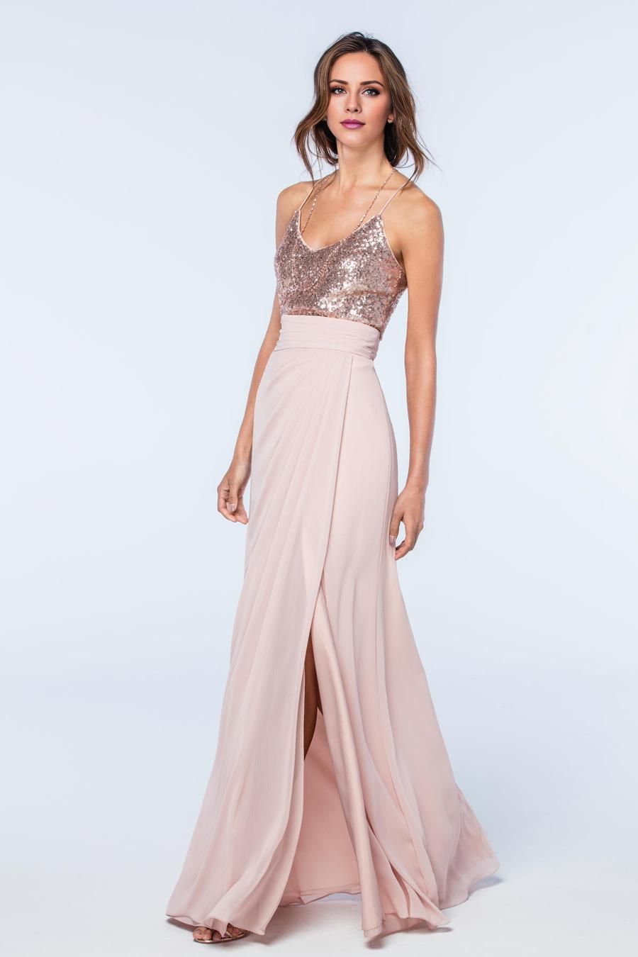 Blushing Pink Chiffon A-Line Floor-Length Bridesmaid Dress with Sequin Bodice and Draped High-Slit Skirt