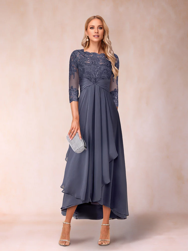 Slate Blue A-Line High-Low Evening Dress with Lace Bodice & Boat Neck
