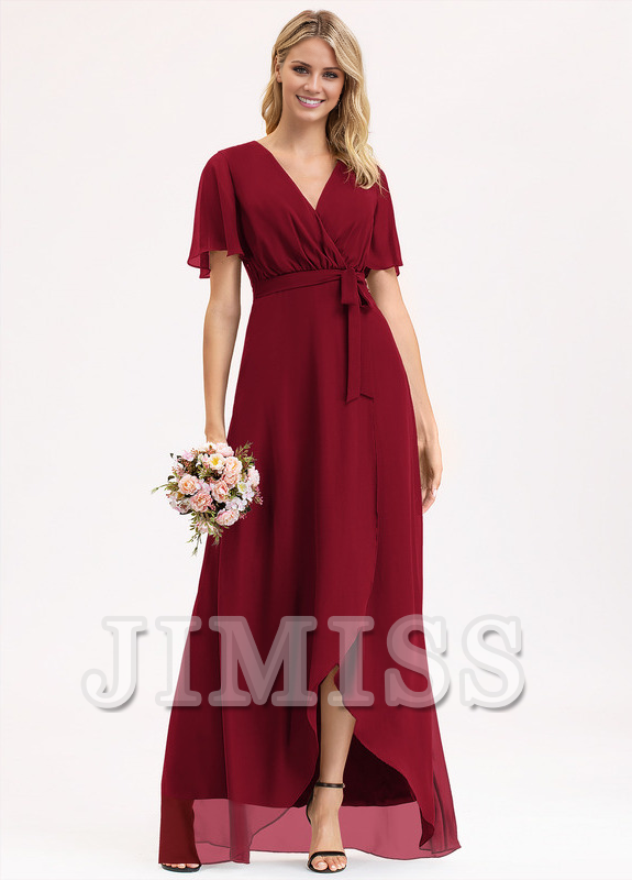 A-line V-neck asymmetric bow pleated chiffon bridesmaid dress