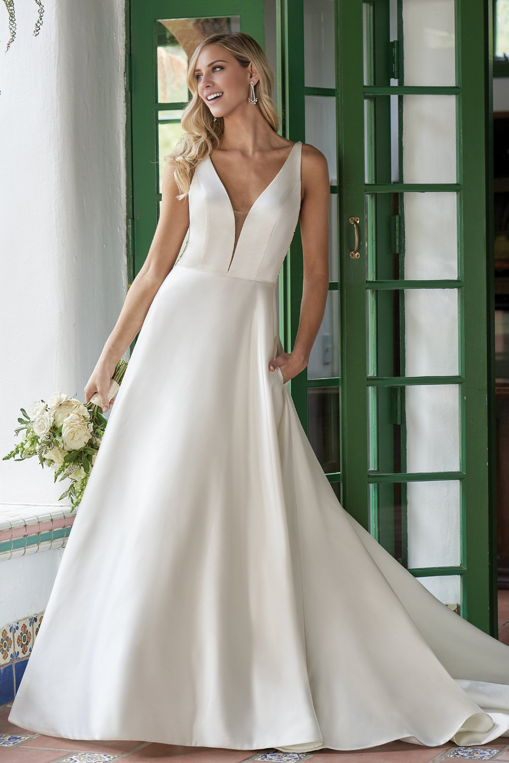 Ivory Satin A-Line Floor-Length Wedding Dress with V-Neck and Pockets