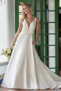 Ivory Satin A-Line Floor-Length Wedding Dress with V-Neck and Pockets