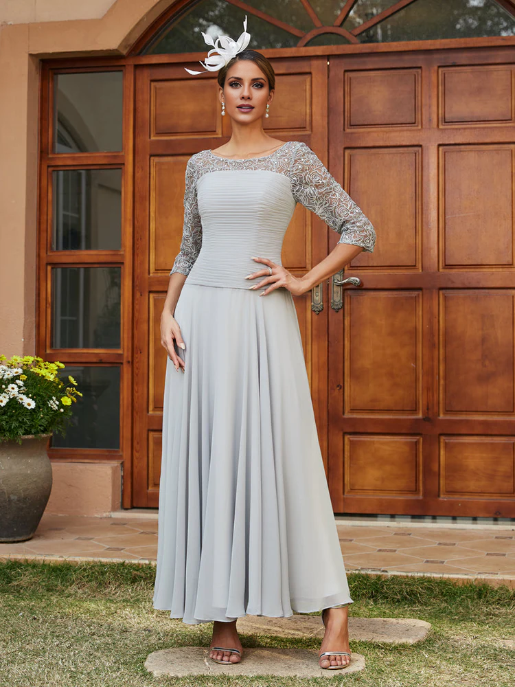 Silver Chiffon A-Line Tea-Length Dress with Boat Neck and Pleated Bodice and Lace Sleeves