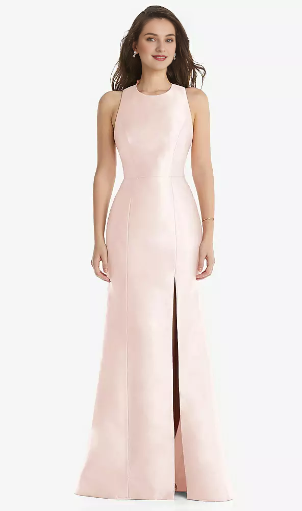 Vestido de fiesta con escote joya, mariposa, condensación en la espalda y abertura frontal tipo cuerno