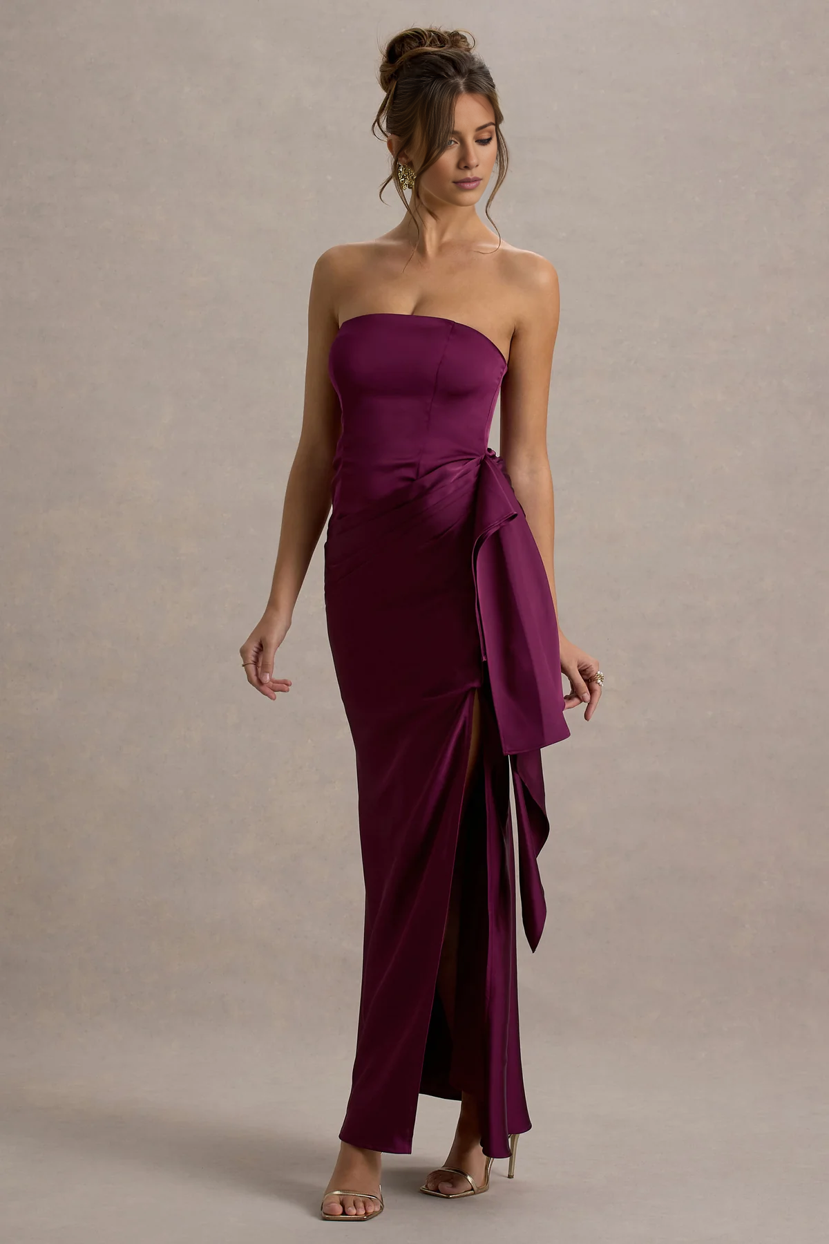 Off shoulder collar satin strapless and floor length evening dress - jimiss dress
