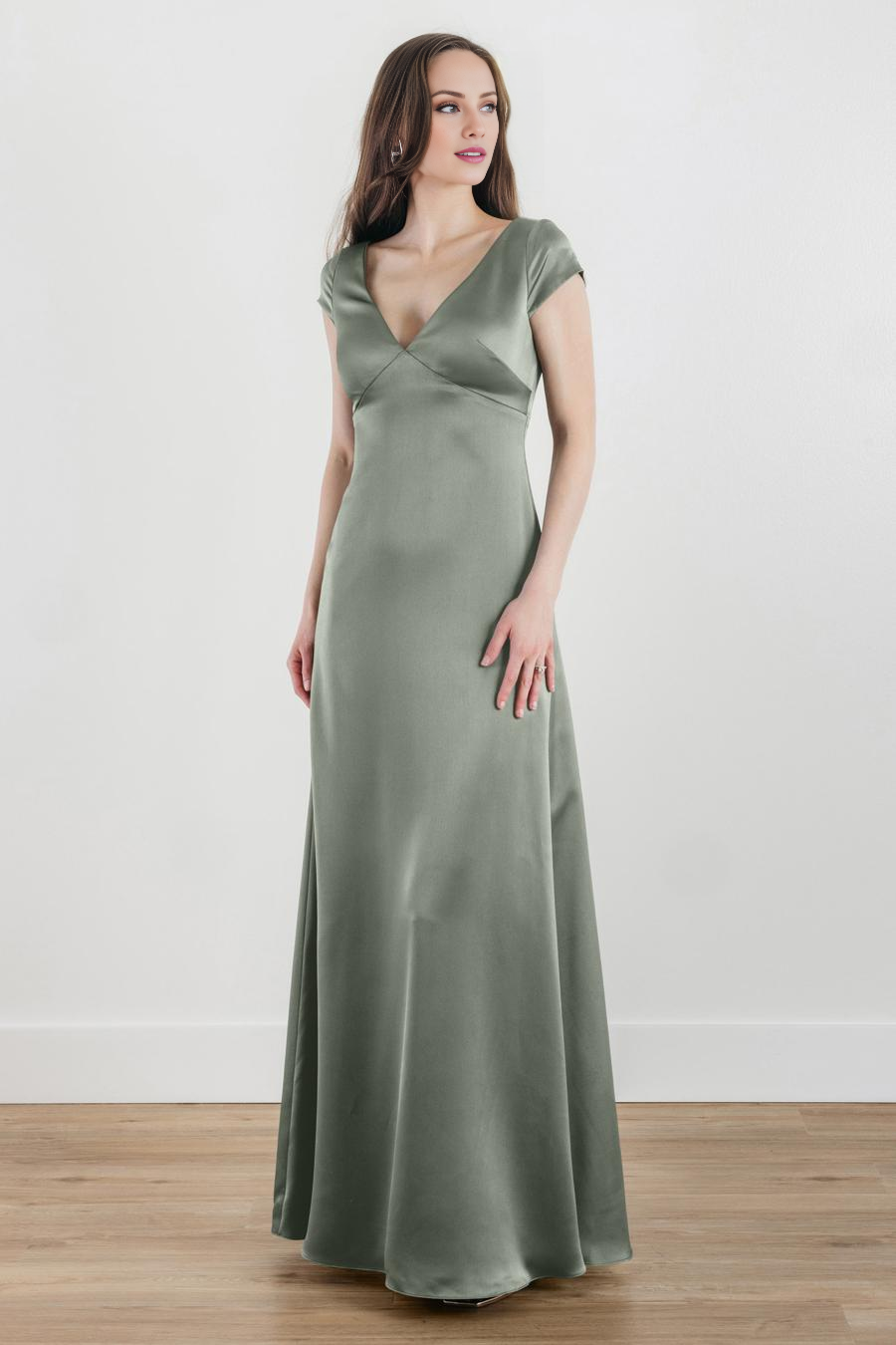 Jimiss V-neck short sleeved satin and floor length evening dress