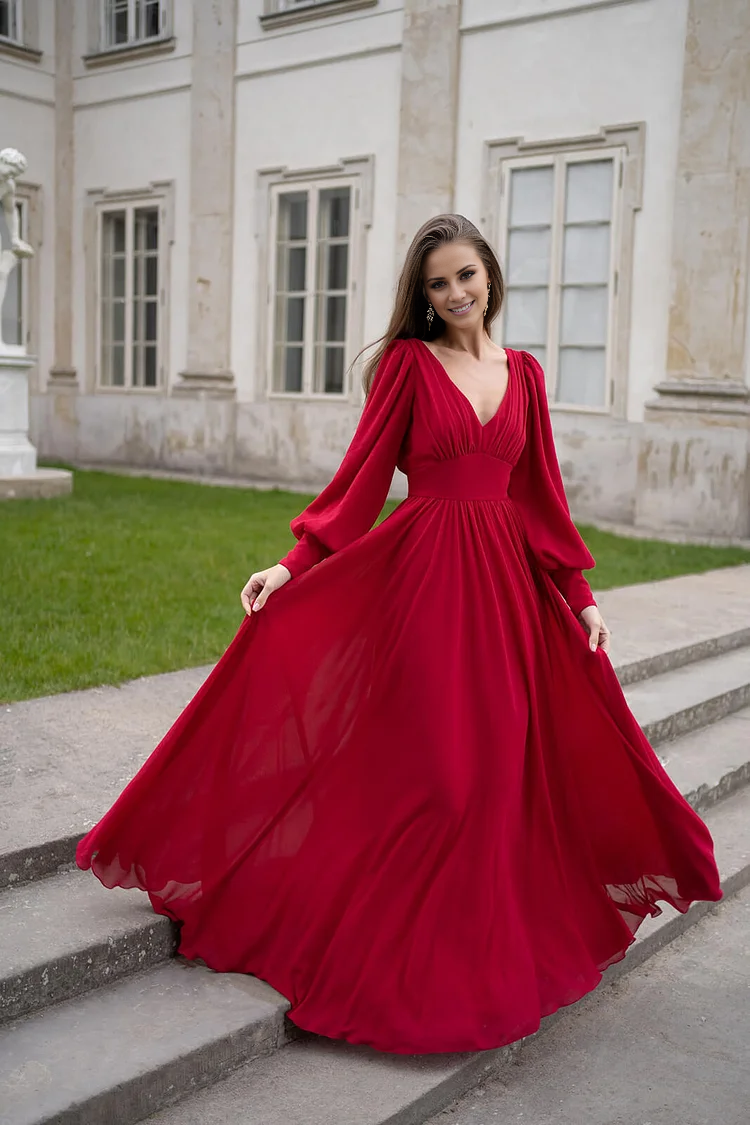 Jimiss V-neck long sleeved Chiffon and floor length Prom dress