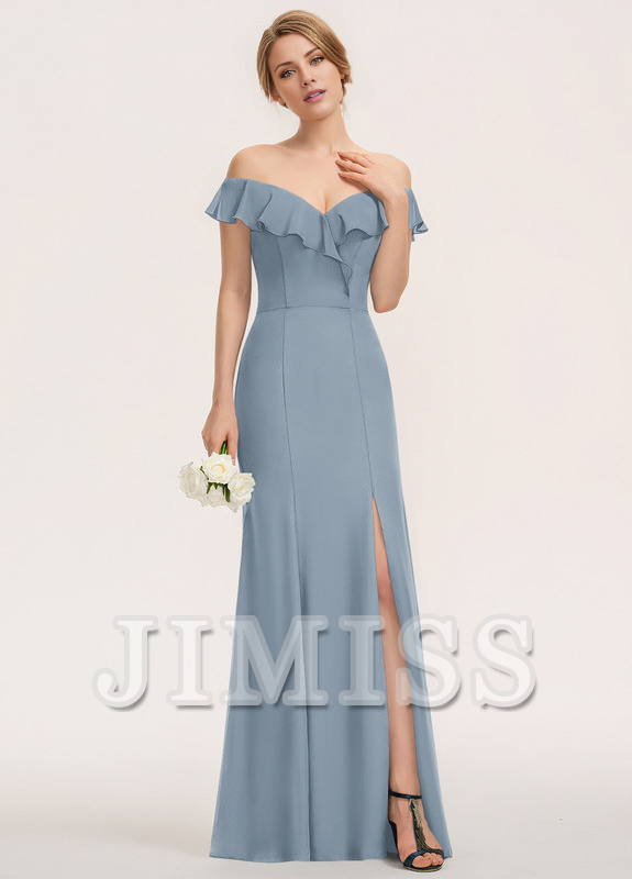 Vestido de dama de honor de gasa hasta el suelo, ajustado, con volantes escalonados y sin tirantes con columnas