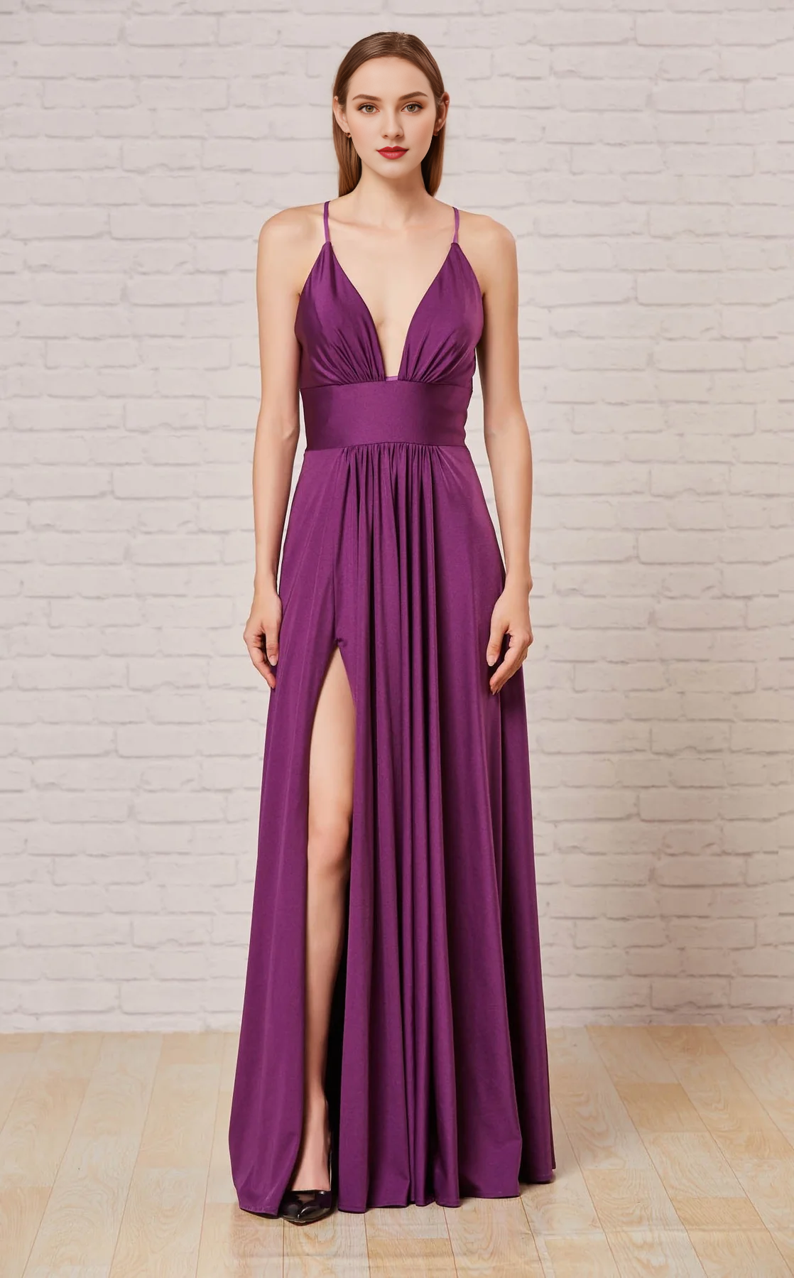 Plum Stretch Knit A-Line Floor-Length Evening Dress with Deep V-Neck & High Slit