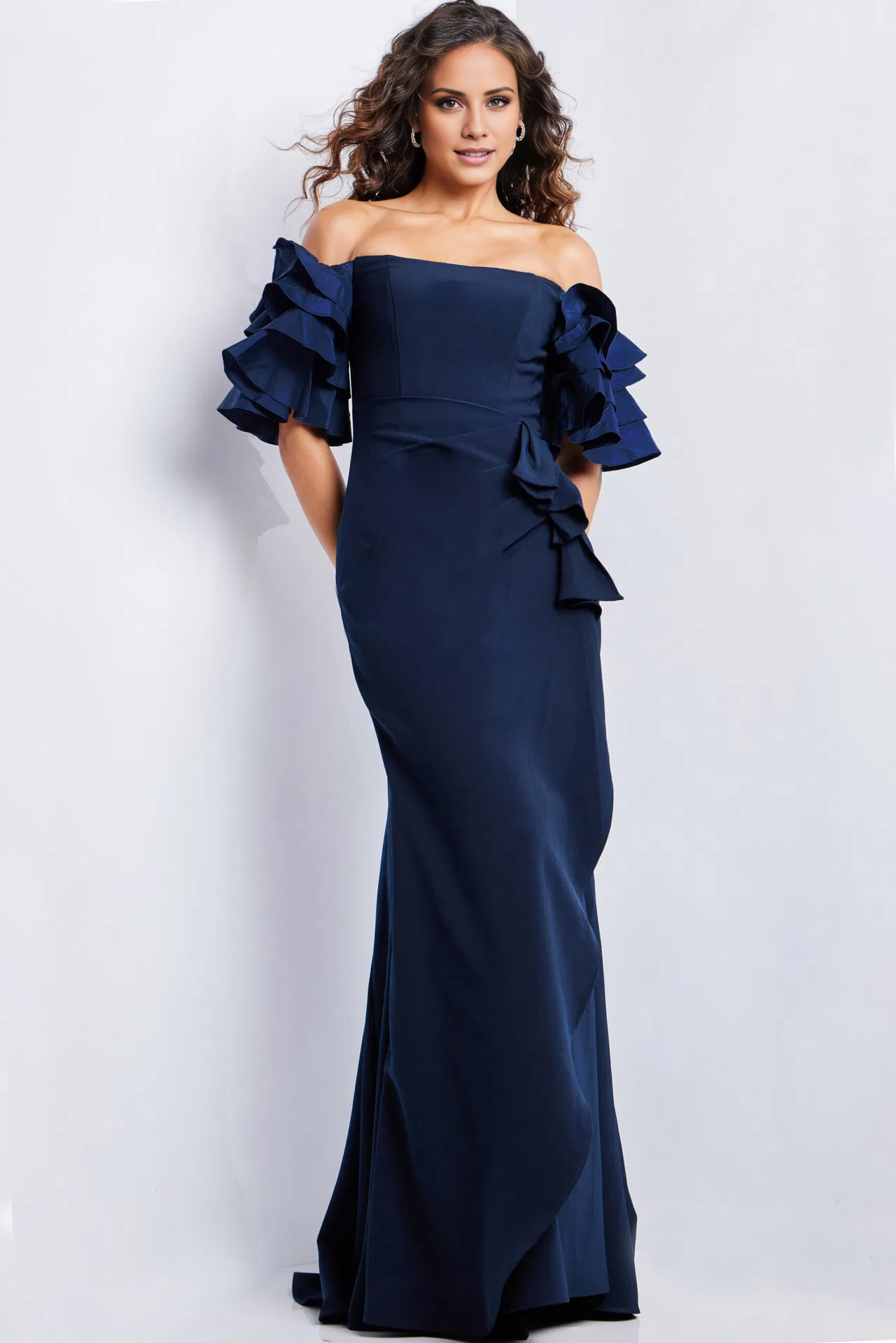 Off shoulder collar ruffled short sleeved and floor length mother of the bride dress