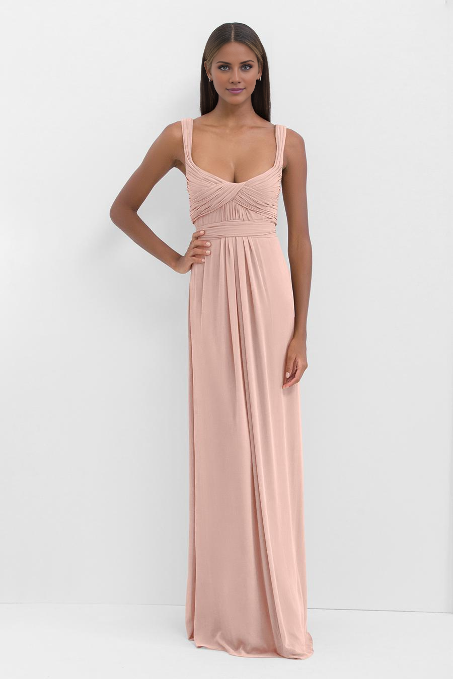Vestido de noche Jimiss con escote cuadrado, espalda descubierta, detalles plisados y largo hasta el suelo