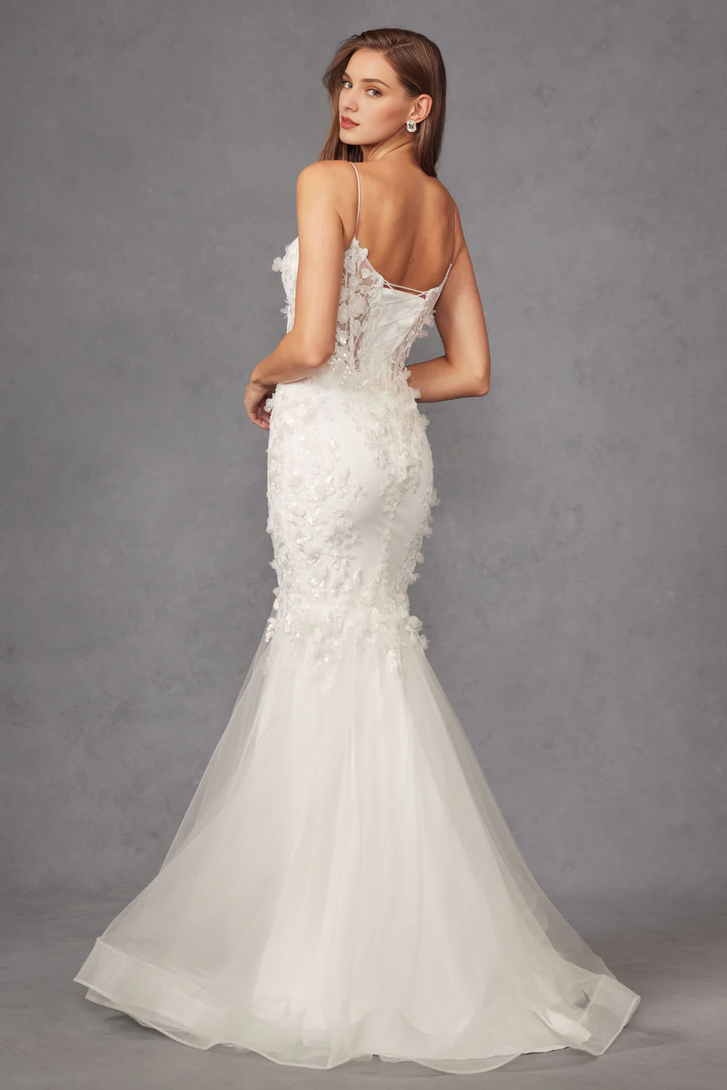 Ivory Tulle Mermaid Floor-Length Dress with Sweetheart Neckline & 3D Floral Appliques