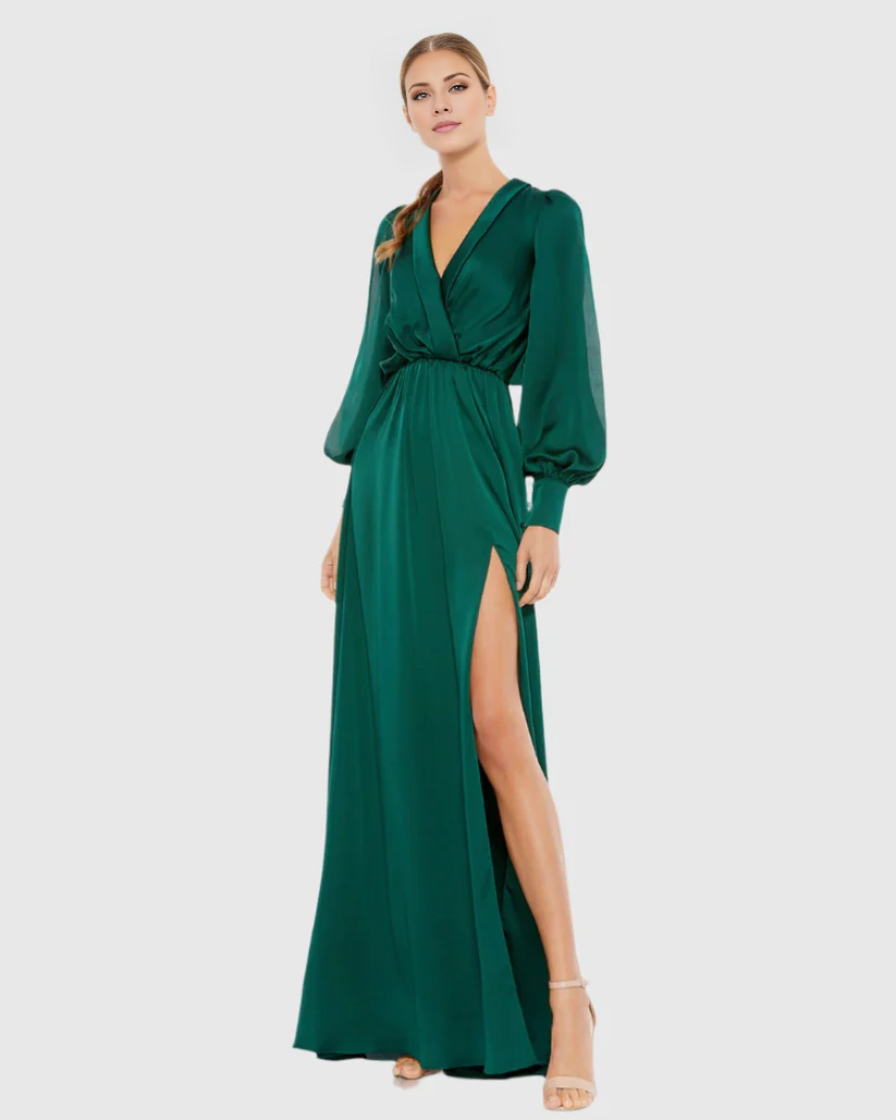 Vestido de noche largo hasta el suelo con escote en V, abertura lateral y satén