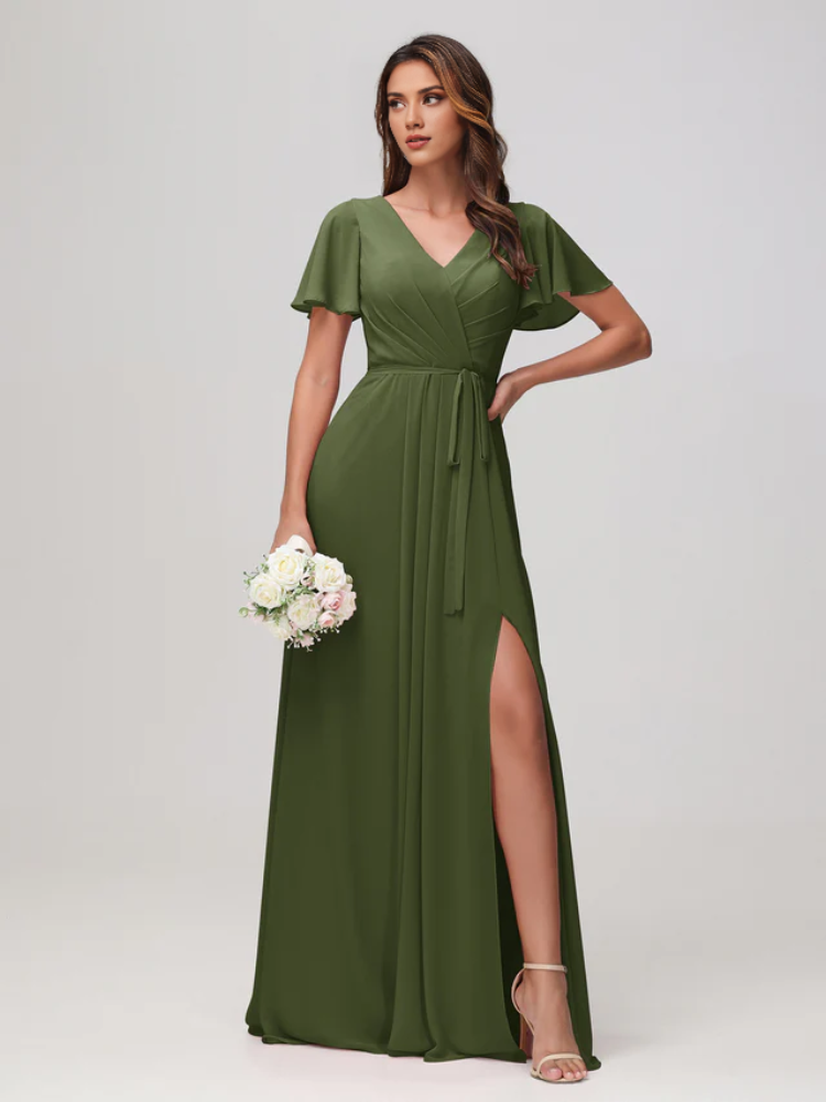 Olive Green Chiffon A-Line Floor-Length Dress with V-Neck, Pleated Bodice & Flutter Sleeves - Jimiss