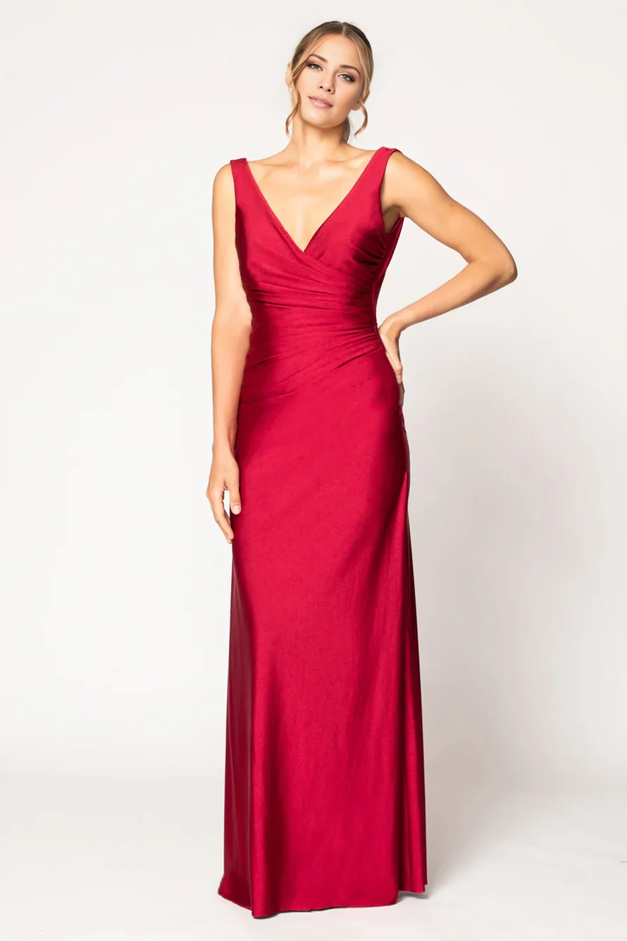 Vestido de fiesta Jimiss con escote en V, hombros descubiertos, sin mangas, espalda descubierta y largo hasta el suelo