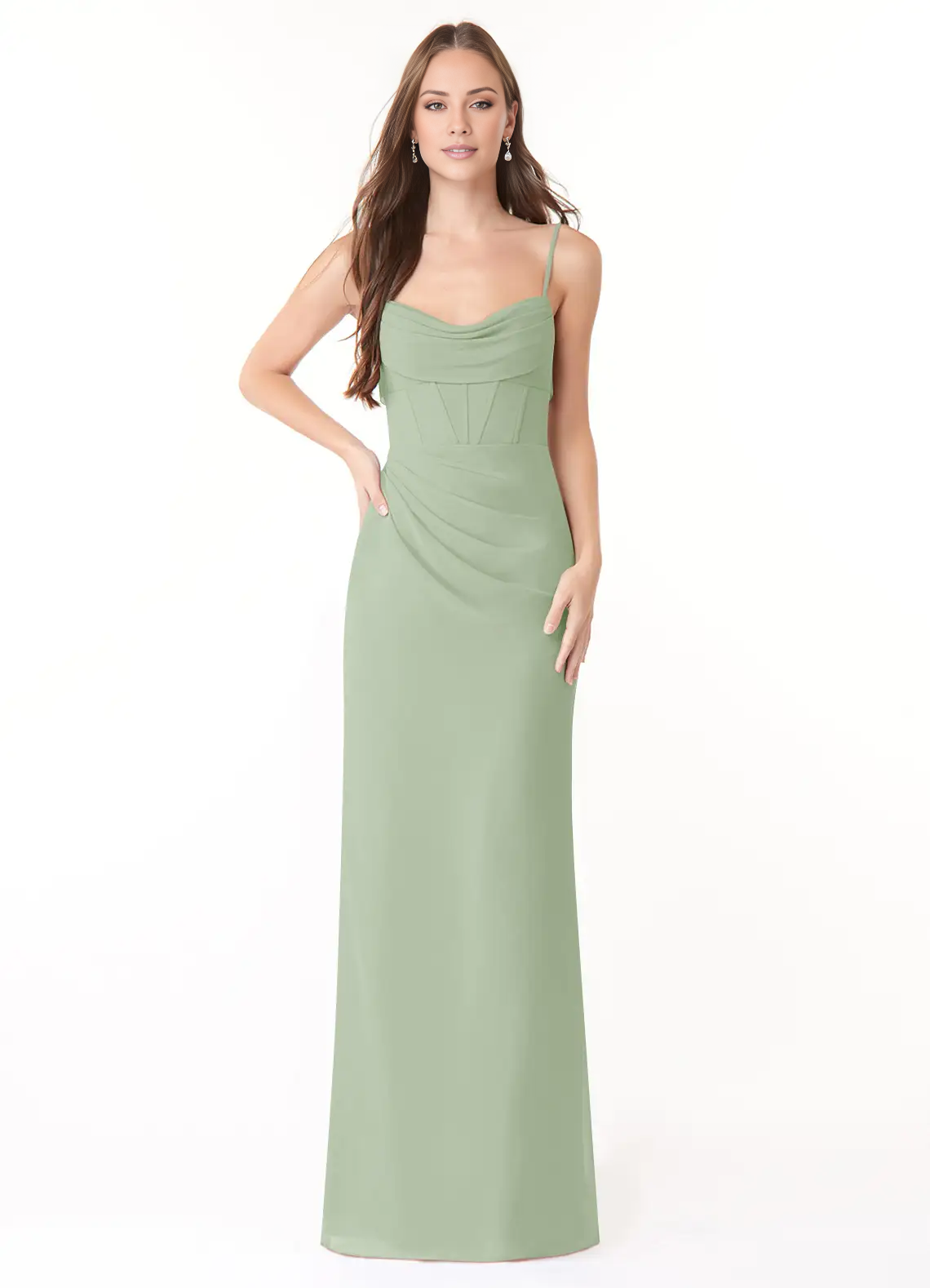 Vestido de dama de honor largo hasta el suelo, de gasa plisada y con corte entallado - Vestido Jimiss 