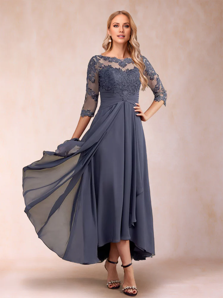 Dusty Blue Lace Bodice Chiffon Asymmetrical A-Line Bridesmaid Dress