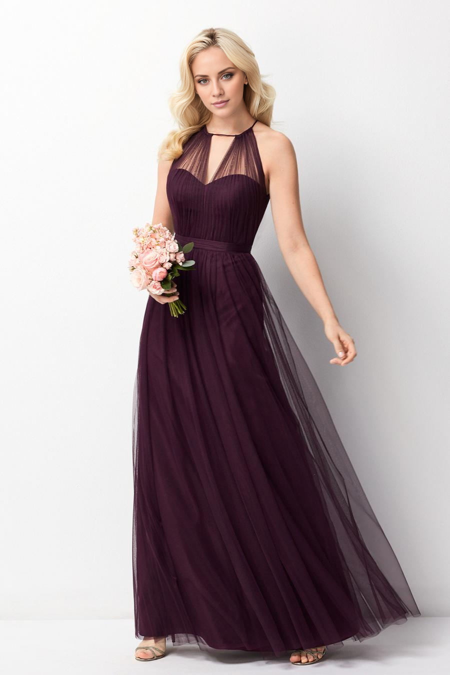 Burgundy Tulle A-Line Floor-Length Bridesmaid Dress with Halter Neckline