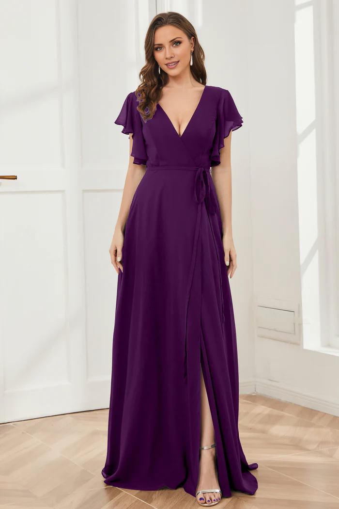 Vestido de dama de honor de gasa con escote en V, mangas con volantes, abertura y largo hasta el suelo