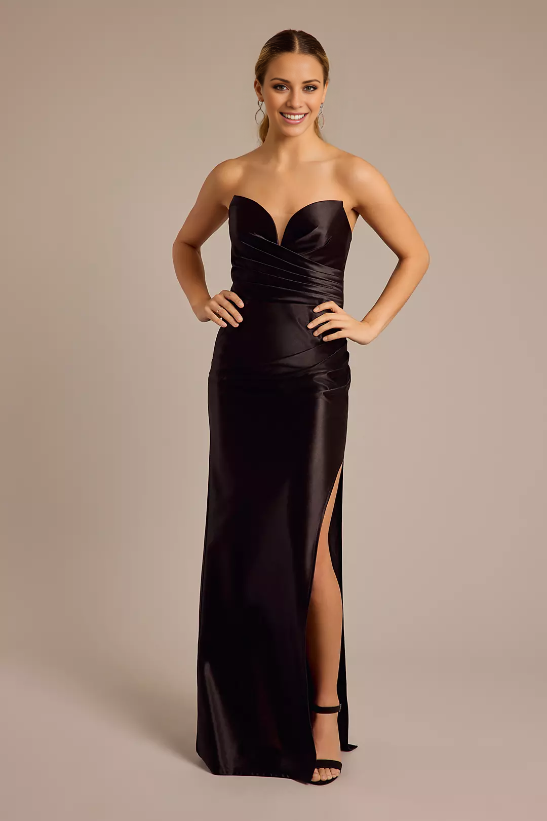 Jimiss Strapless Sculpting Satin Ruched Sheath Dresses prom dress
