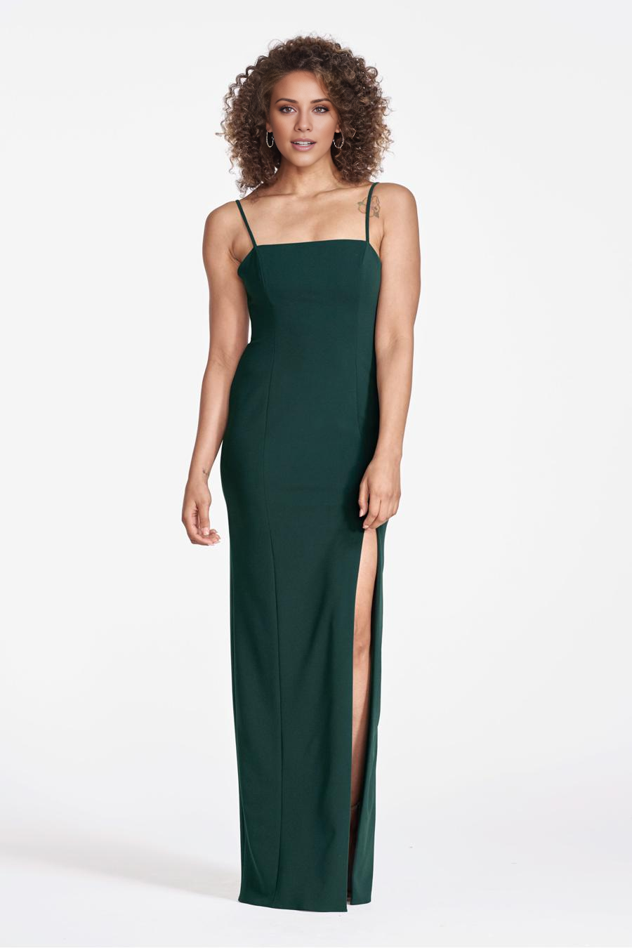 Vestido de noche Jimiss con escote cuadrado, tirantes finos, sin mangas, espalda descubierta, abertura lateral y largo hasta el suelo