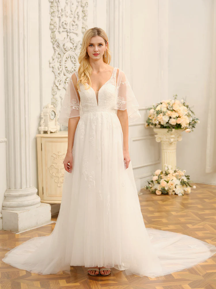 Abito da sposa lungo ricamato a maniche corte con scollo a V e stile principessa, a trapezio