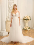 Vestido de novia largo con bordado, corte princesa, escote en V y media manga