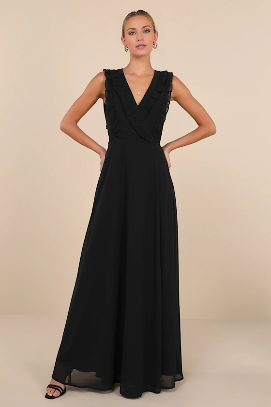 Vestido de noche Jimiss de corte A, escote en V, sin mangas, con volantes y largo hasta el suelo