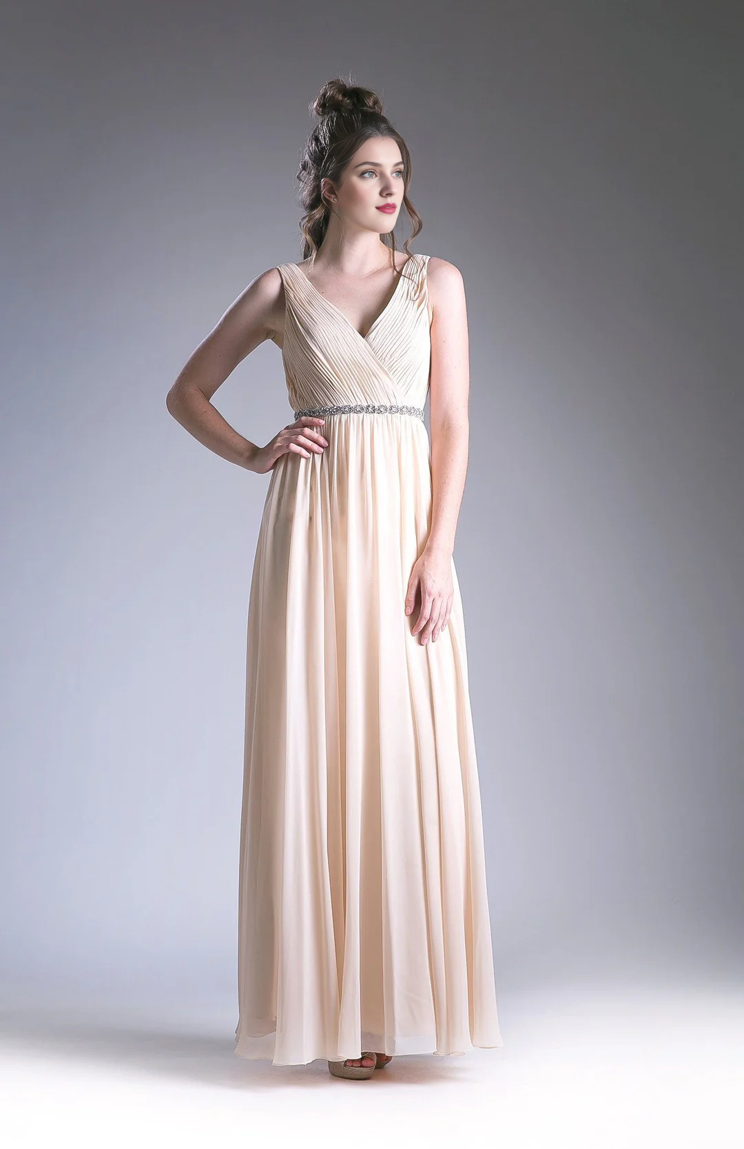 Grey Chiffon A-Line Floor-Length Dress with V-Neck