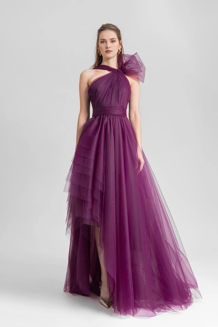 Mulberry Tulle A-Line Asymmetrical Halter Neckline Evening Dress with Bow and Multi-layered Skirt