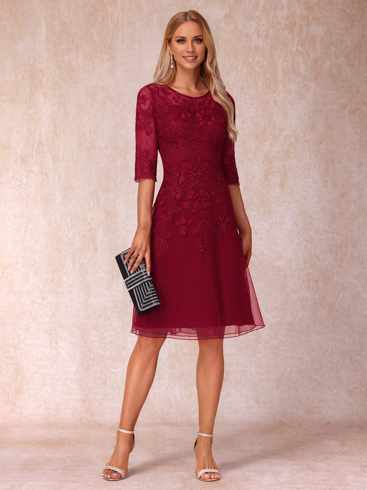 Burgundy Lace A-Line Knee-Length Dress featuring Lace Embroidered Bodice and Sheer 3/4 Sleeves