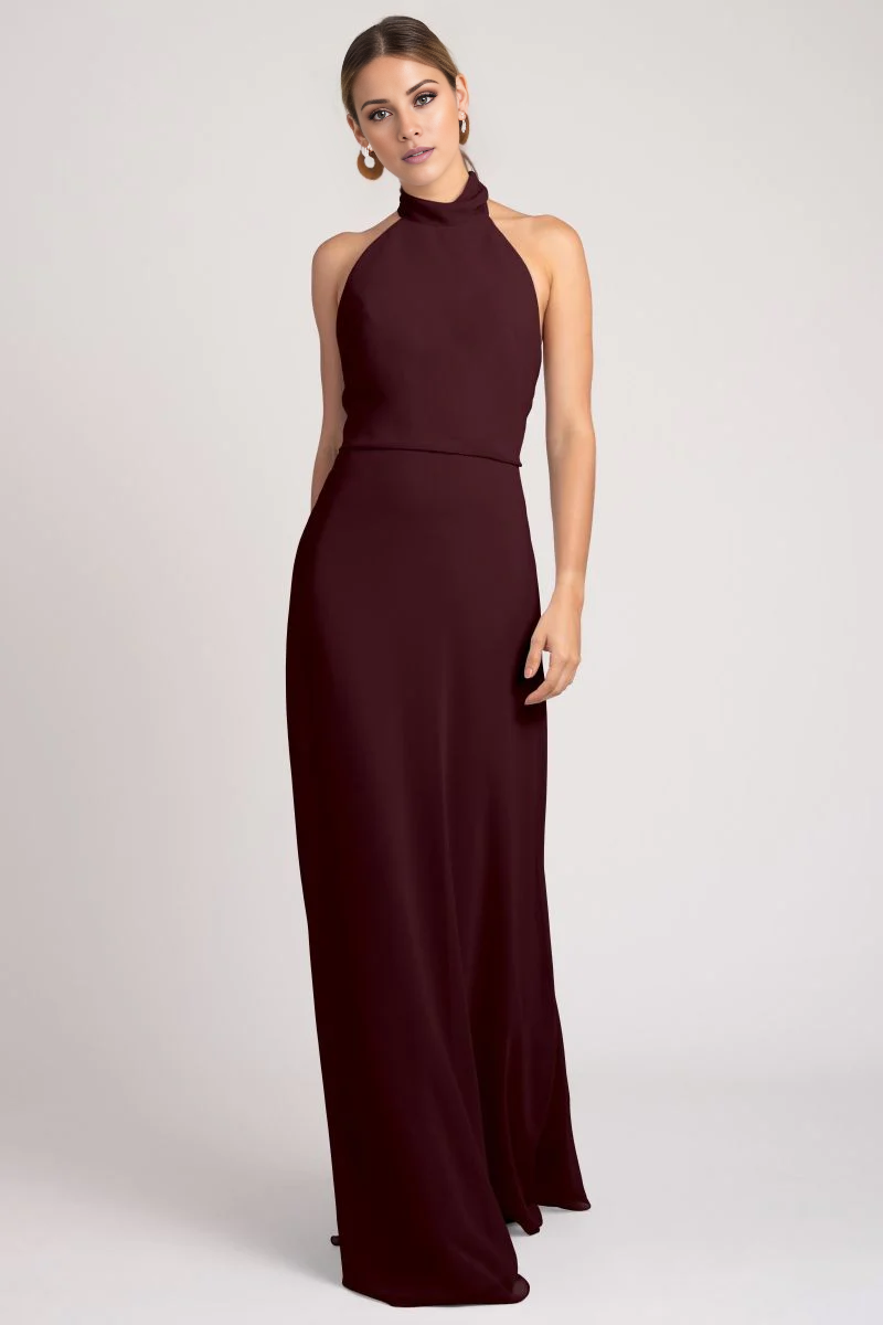 Burgundy Crepe A-Line Floor-Length Dress with Halter Neckline and Backless Design