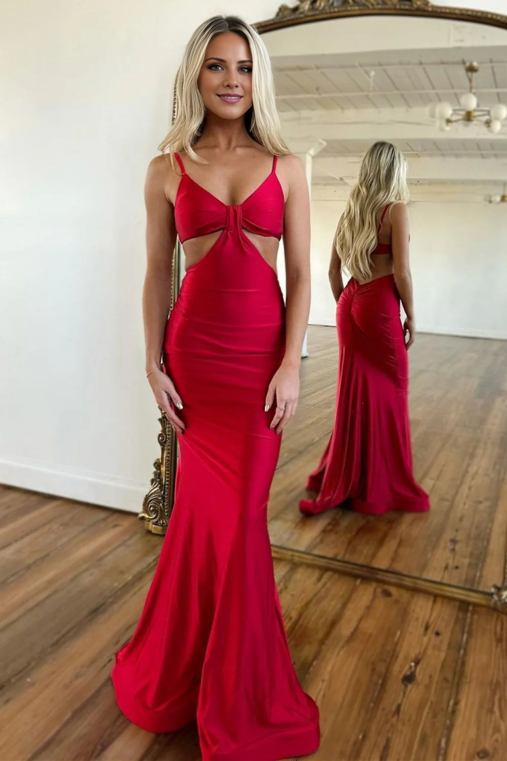Red Satin Mermaid Floor-Length Evening Dress with Waist Cut-outs