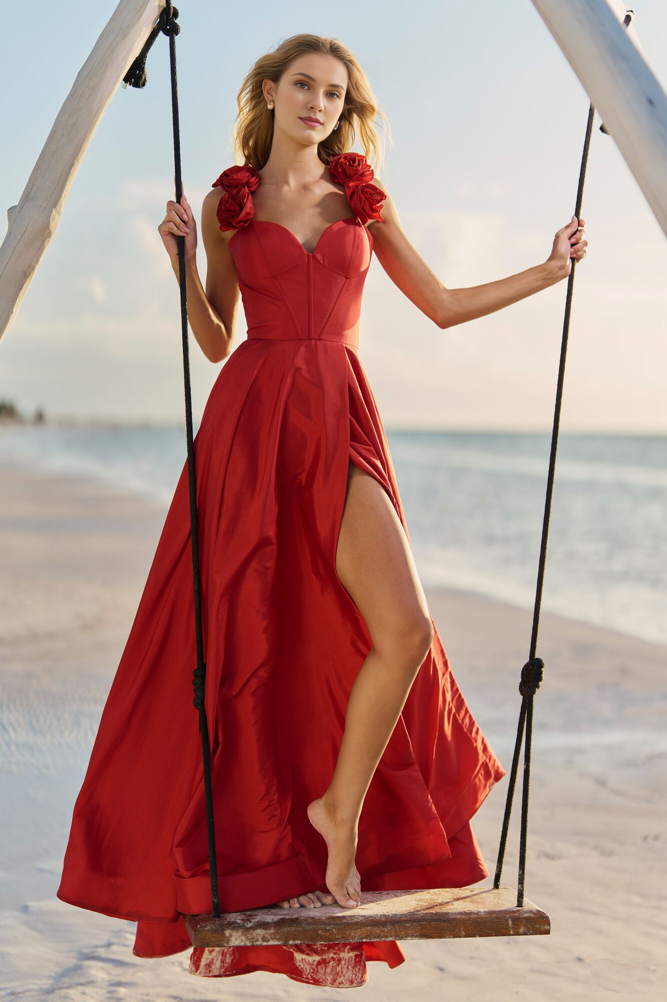 Abito da ballo a trapezio con decorazione a rosa, spalline strette, corsetto posteriore e lunghezza al pavimento 