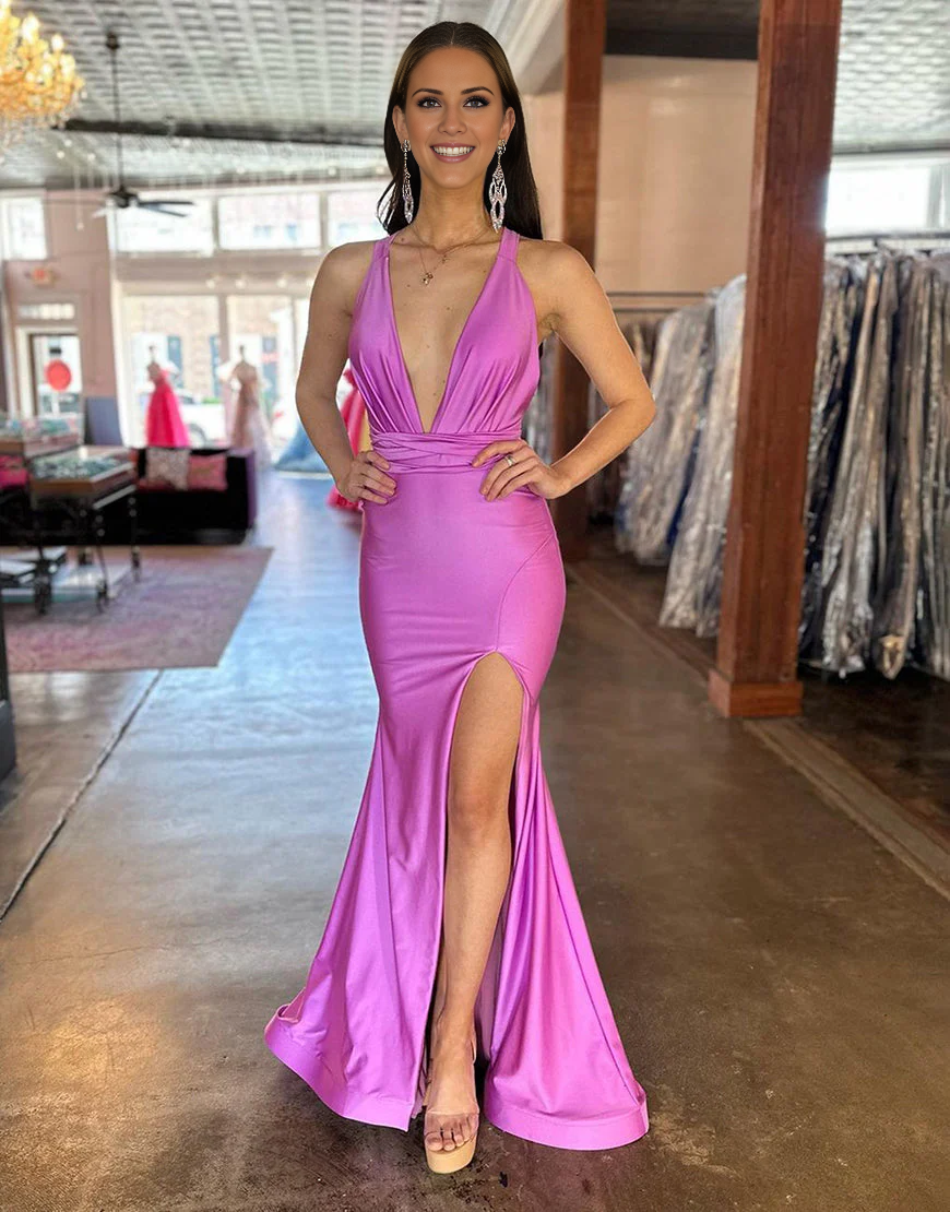 Vestido de fiesta largo de satén con escote en V profundo y espalda cruzada de Jimiss