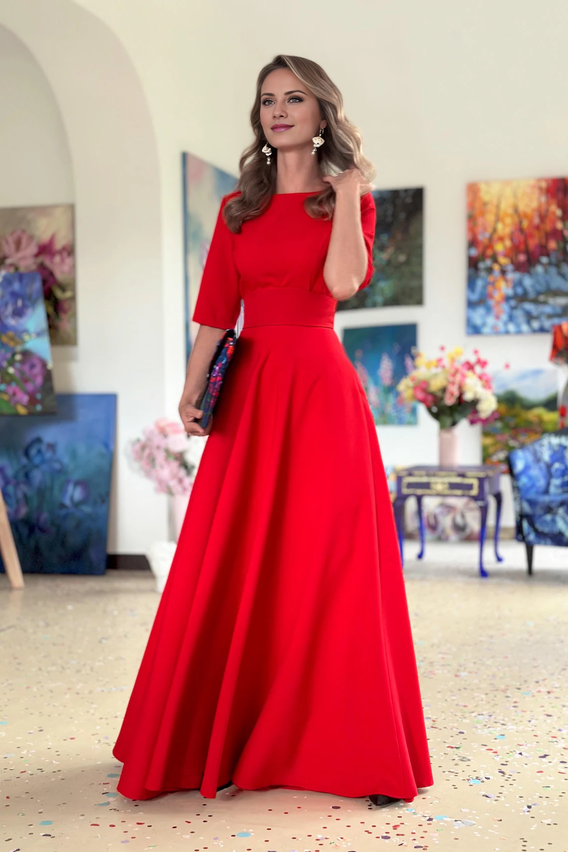 Jimiss - Vestido de fiesta de manga corta con escote barco, corte trompeta y largo hasta el suelo 