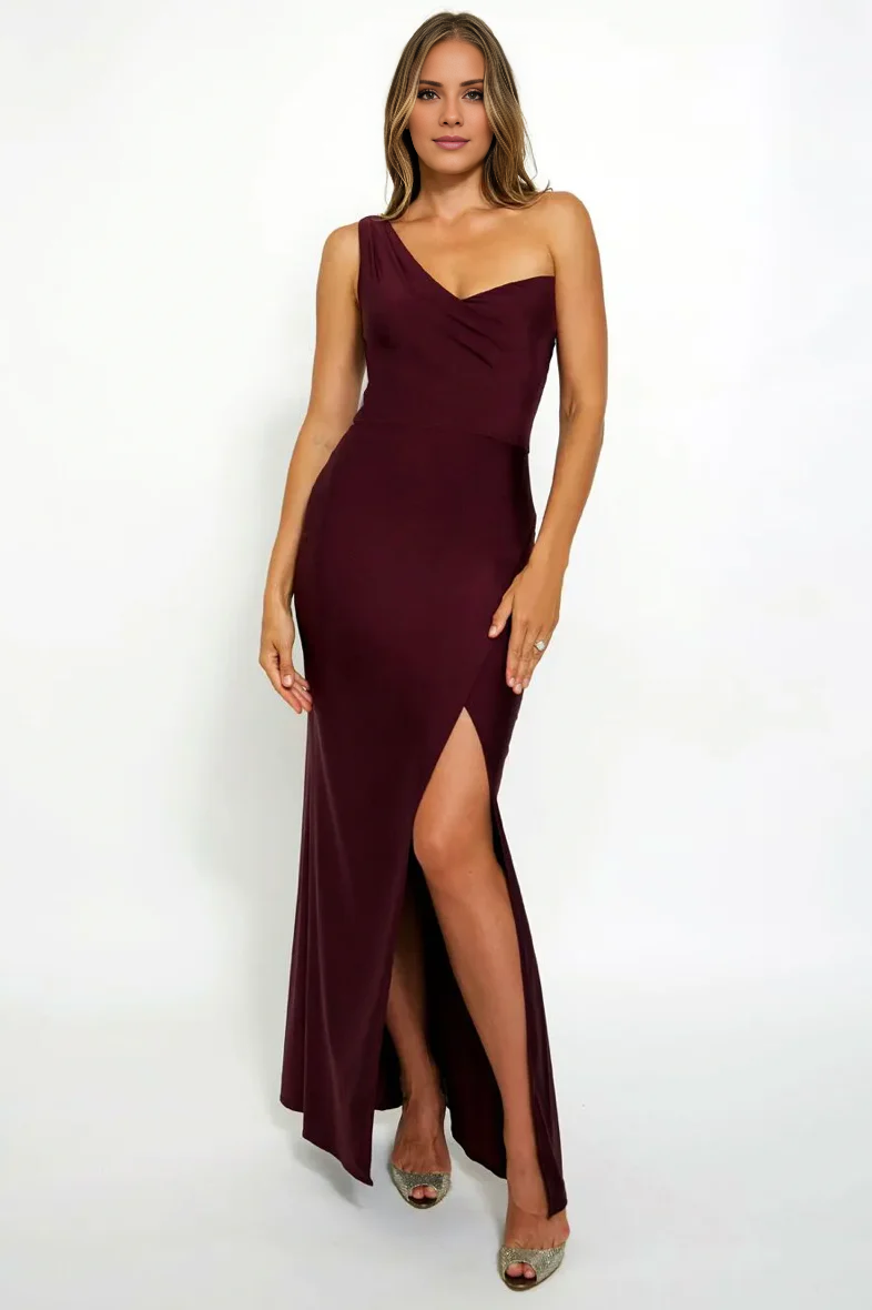 Vestido de noche Jimiss con cuello asimétrico, hombros descubiertos, sin mangas, espalda descubierta, abertura lateral y largo hasta el suelo