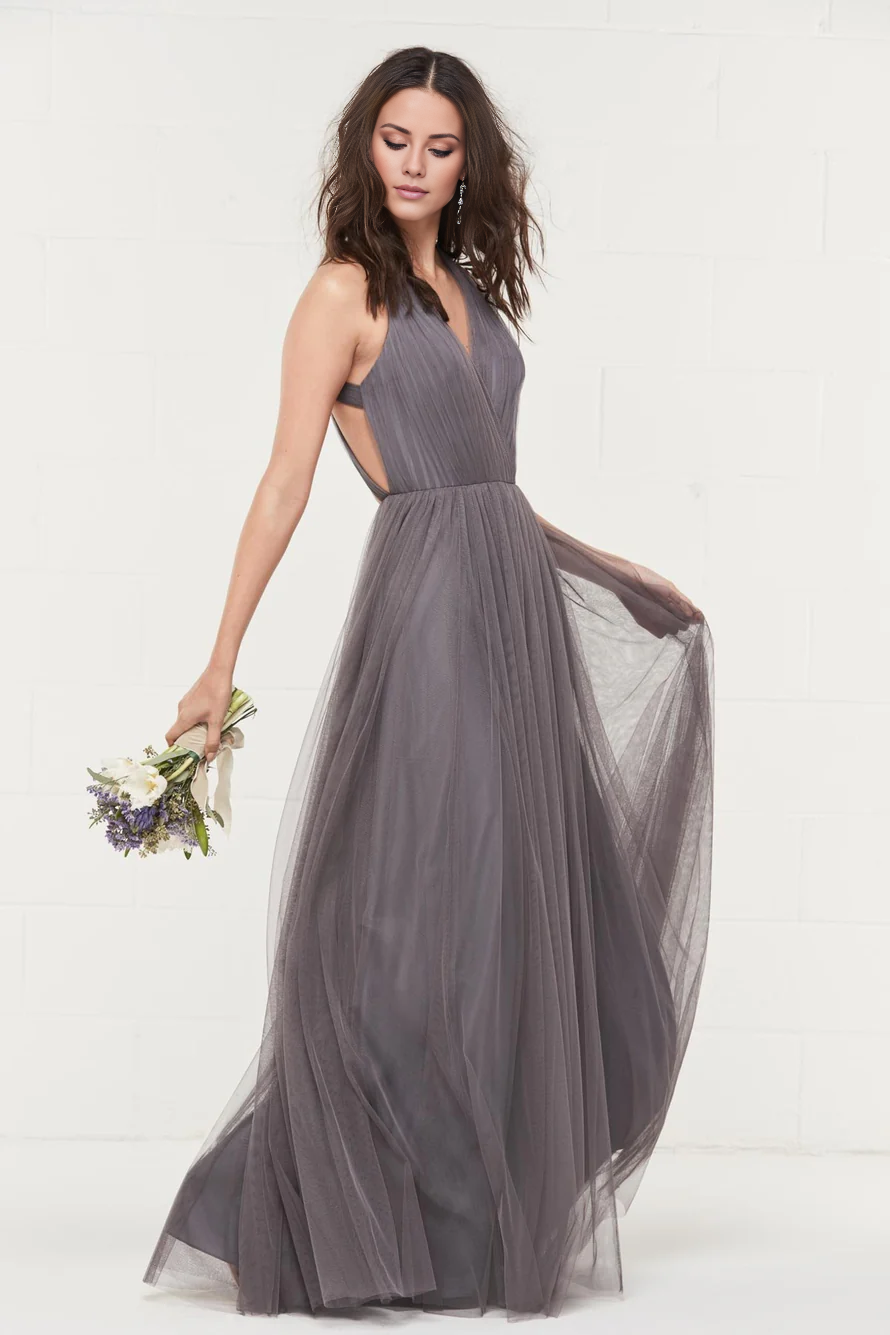 Jimiss V collar off shoulder sleeveless pleated chiffon backless and floor length Prom dress